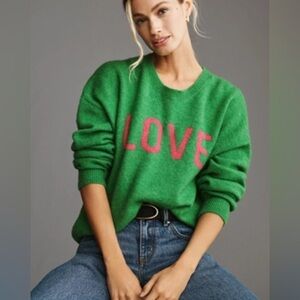 SUNDRY Green Sweater with Pink 'LOVE' Motif